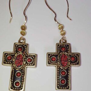 Handmade Earth Red Indonesia Bronze Tibetan Silver Big Long Cross Earrings
